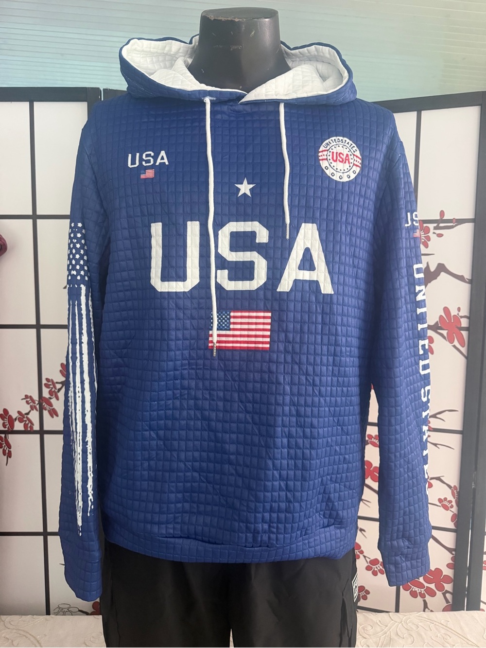 USA Graphic Quilted Crewneck Sweater Hoodie - Blue